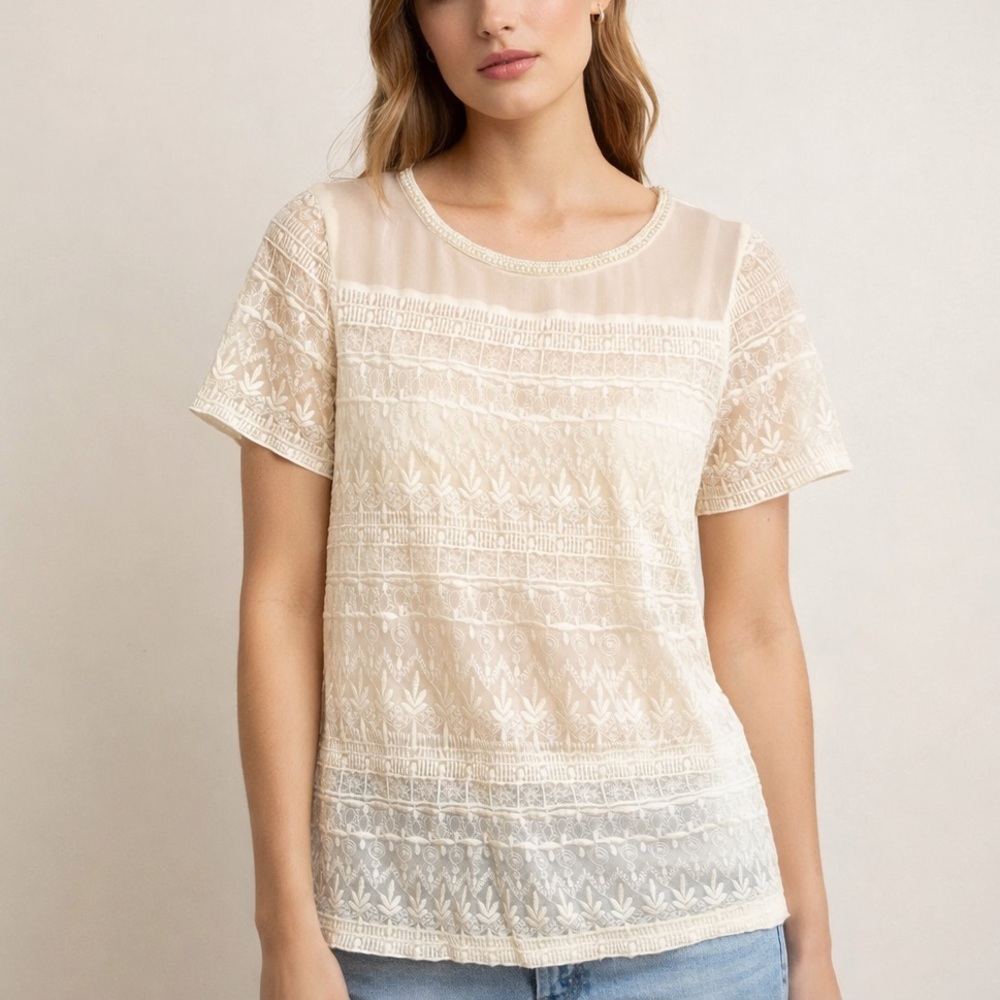 Zara Vintage Cream Embroidered Lace Sheer Cottagecore, Pearl Neckline Top Size L
